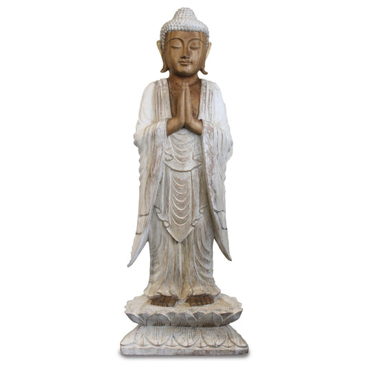 Kézzel faragott Buddha szobor - 100 cm Welcome - Fehérre meszelt
