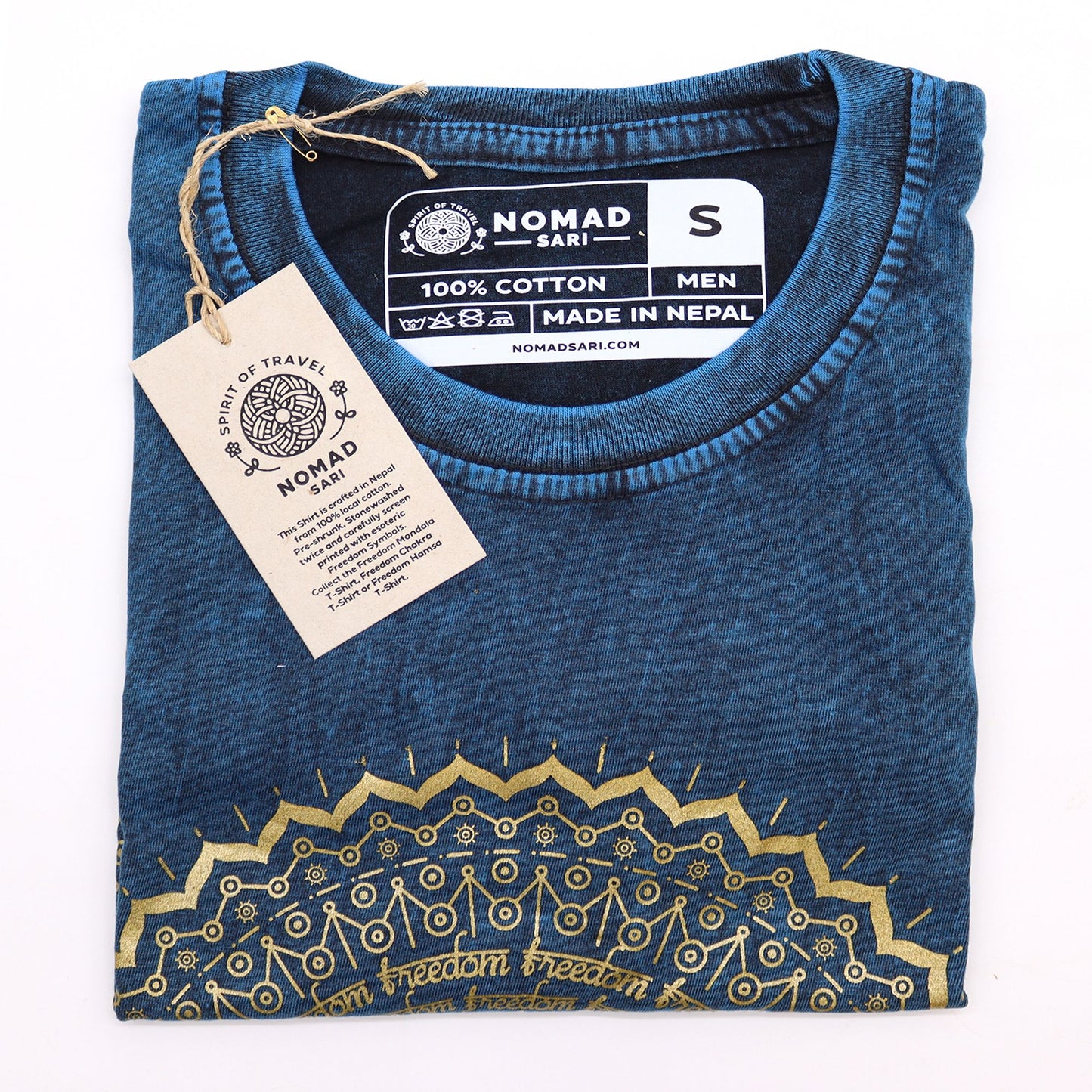 Nomad Sari koptatott pamut póló – Mandala – Kék – S