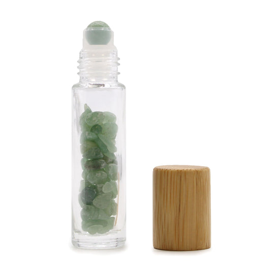 Drágakő illóolaj roll-on üveg - Aventurin - Fa kupak + Drágakő roll-on hegy 5 ml-es üveghez - Aventurin