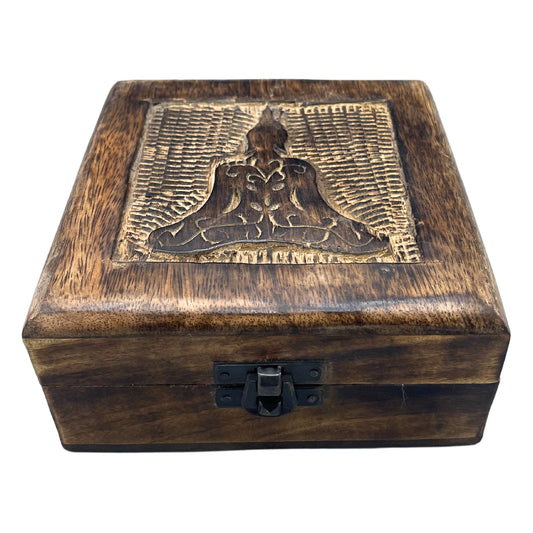 Négyzet alakú fából készült emléktároló doboz 13x13x6 cm – Buddha
