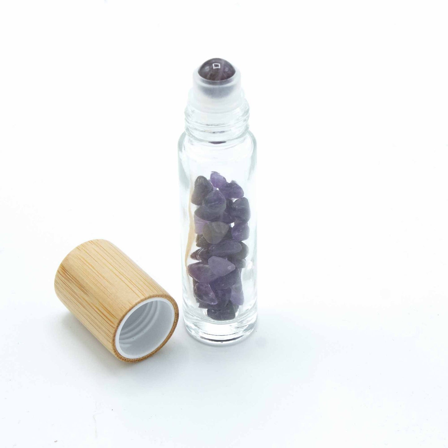 Drágakő illóolaj roll-on üvegcsék - Ametiszt - Fa kupakkal + drágakő roll-on heggyel 5 ml-es üvegcsékhez - Ametiszt