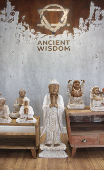 Kézzel faragott Buddha szobor - 100 cm Welcome - Fehérre meszelt
