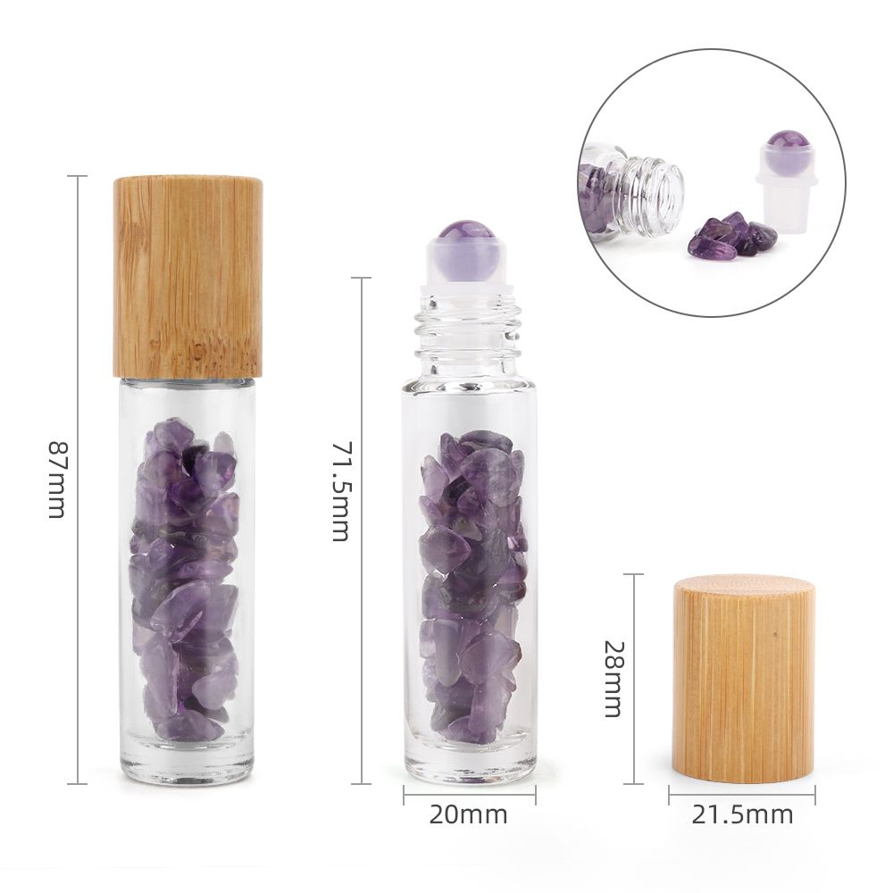 Drágakő illóolaj roll-on üvegcsék - Ametiszt - Fa kupakkal + drágakő roll-on heggyel 5 ml-es üvegcsékhez - Ametiszt