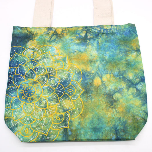 Batikolt pamuttáska (6oz) - 38x42x12cm - Mandela - Zöld/Kék - Natúr fül