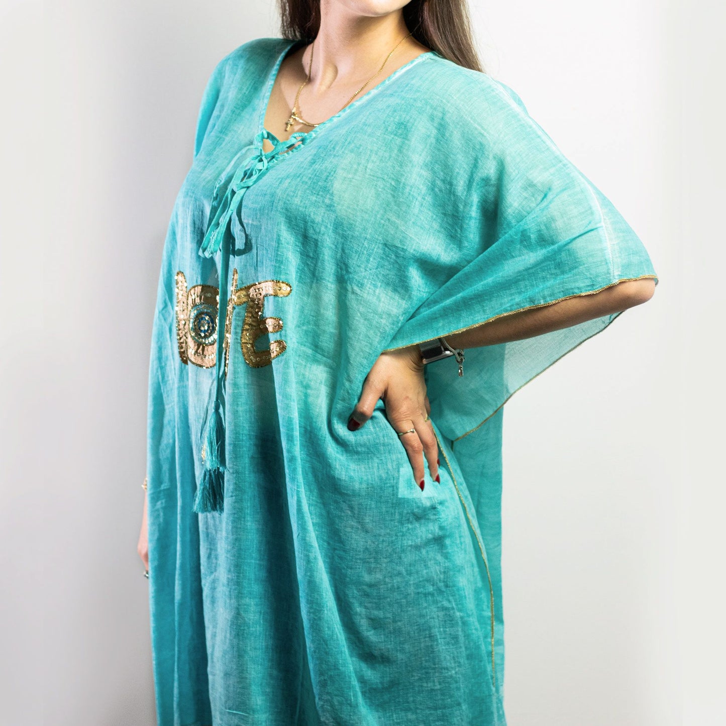 Nomad Sari On the Med kollekció - Kaftán - Türkiz & arany szerelmes design