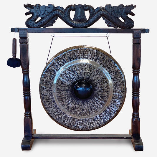 Nagy gong barna antik állványon - 80cm - fekete - mintás