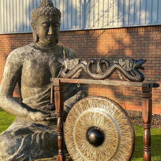 Nagy gong barna antik állványon - 80cm - fekete - mintás