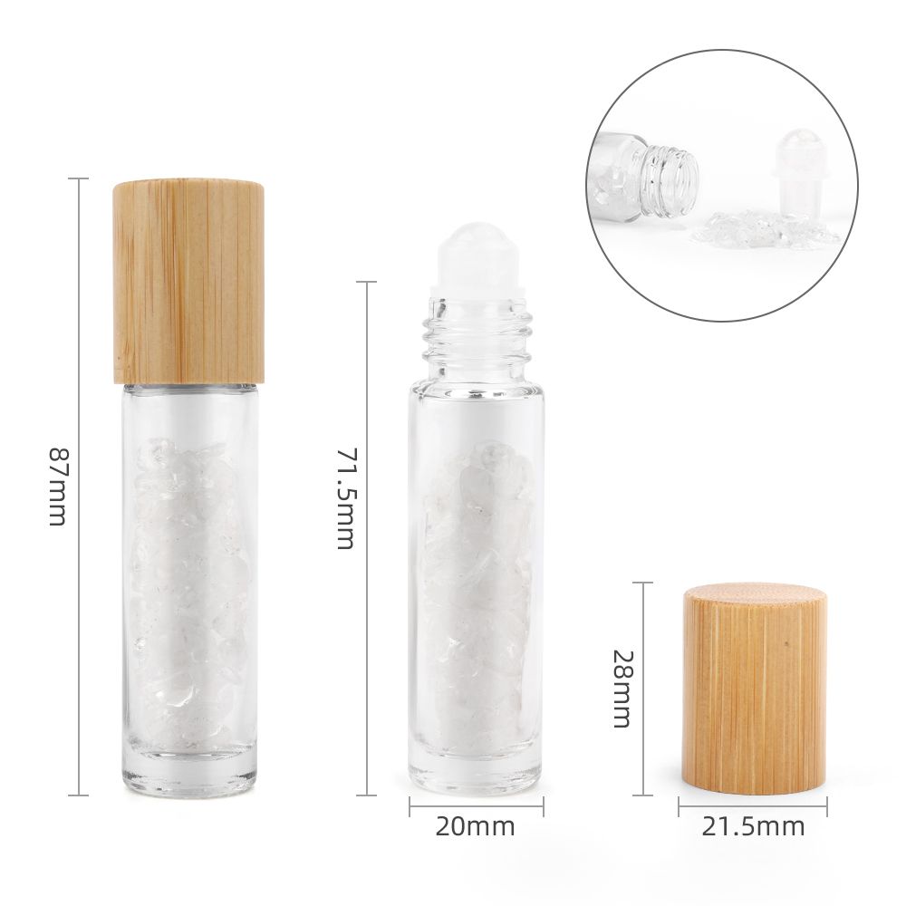 Drágakő illóolaj roll-on üveg - Hegyikristály - Fa kupak + Drágakő roll-on golyó 5 ml-es üveghez - Hegyikristály