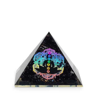 Kis organit piramisok 5,5x4,5 cm - Csakra Buddha - Fekete turmalin forgács