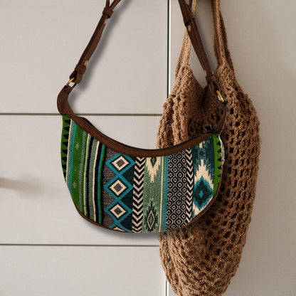 Jacquard Hobo táska - Élénkzöld árnyalatok (barna pánt)