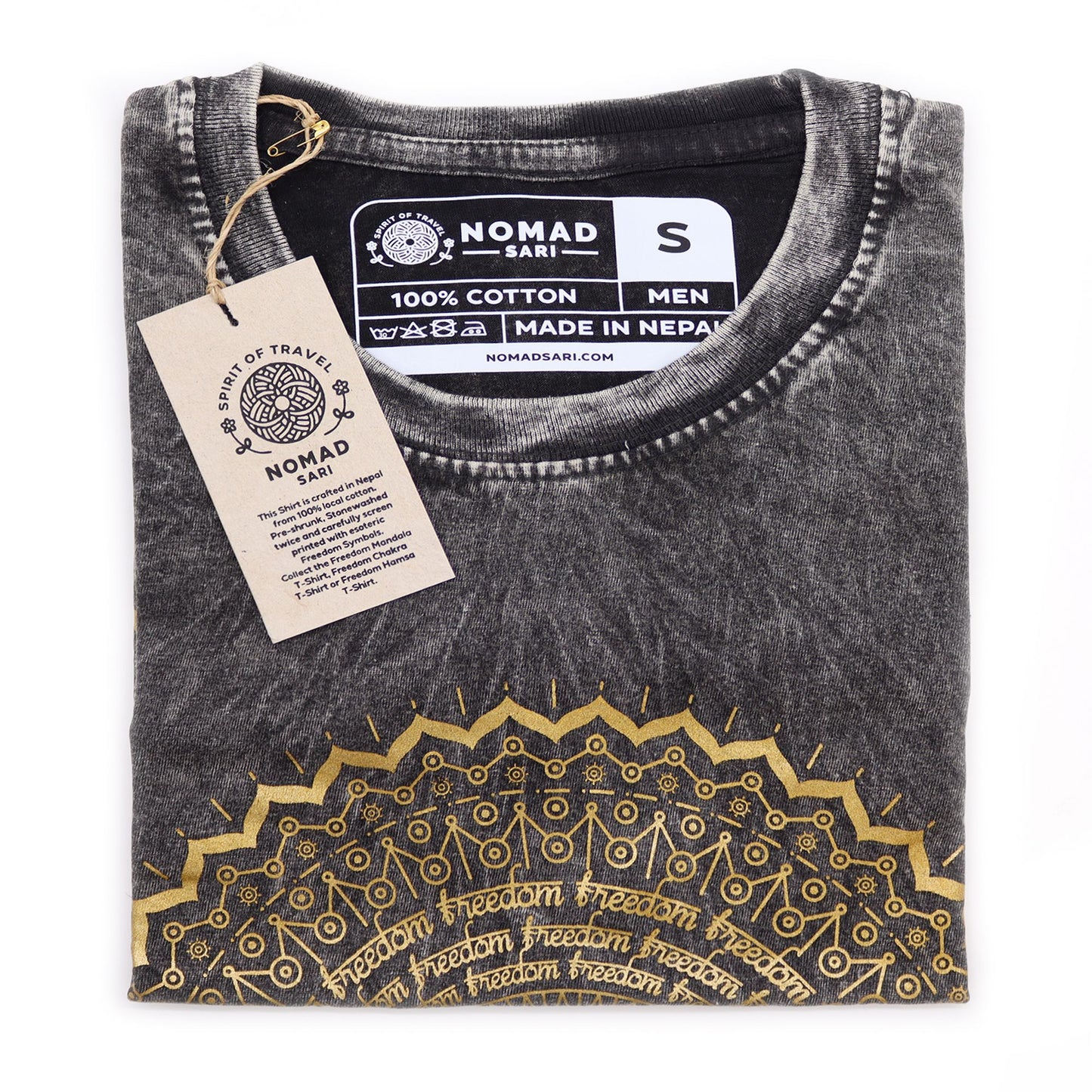Nomad Sari koptatott pamut póló – Mandala – Sötétszürke – S